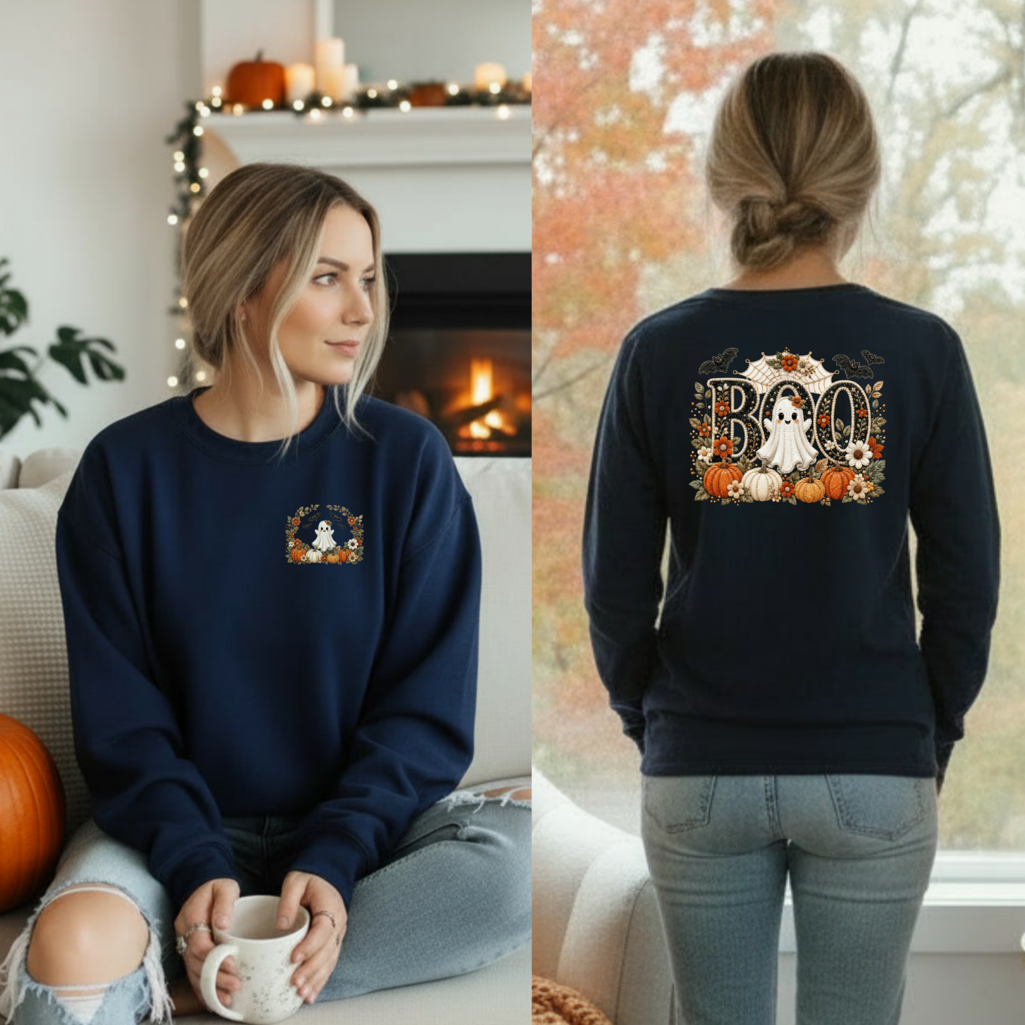 Cute Boo Long Sleeve Tee – Halloween Ghost Shirt with Pocket & Back Graphics
