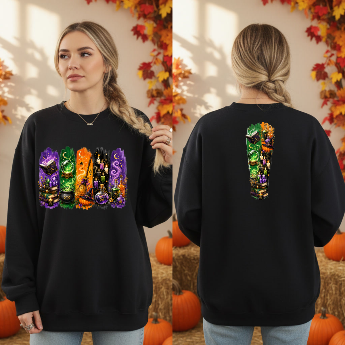 Autumn Alchemy Sweatshirt – Witchy Halloween Crewneck with Front & Back Cauldron, Spell Books & Potions Design TheCraftNook