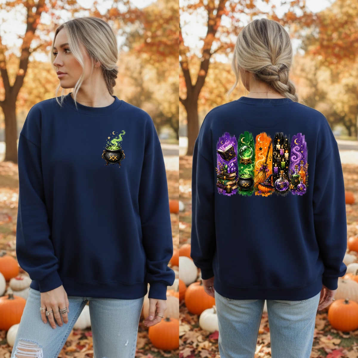 Autumn Alchemy Sweatshirt – Witchy Halloween Crewneck with Pocket & Back Design TheCraftNook
