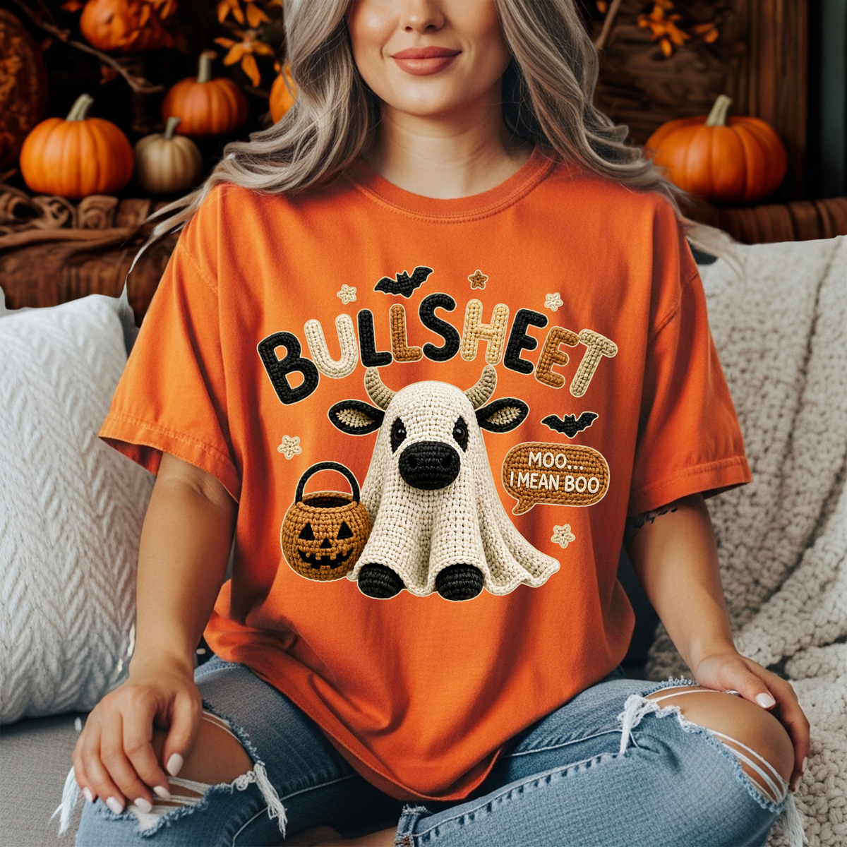 Bullsheet Halloween Faux Crochet Graphic T-Shirt TheCraftNook
