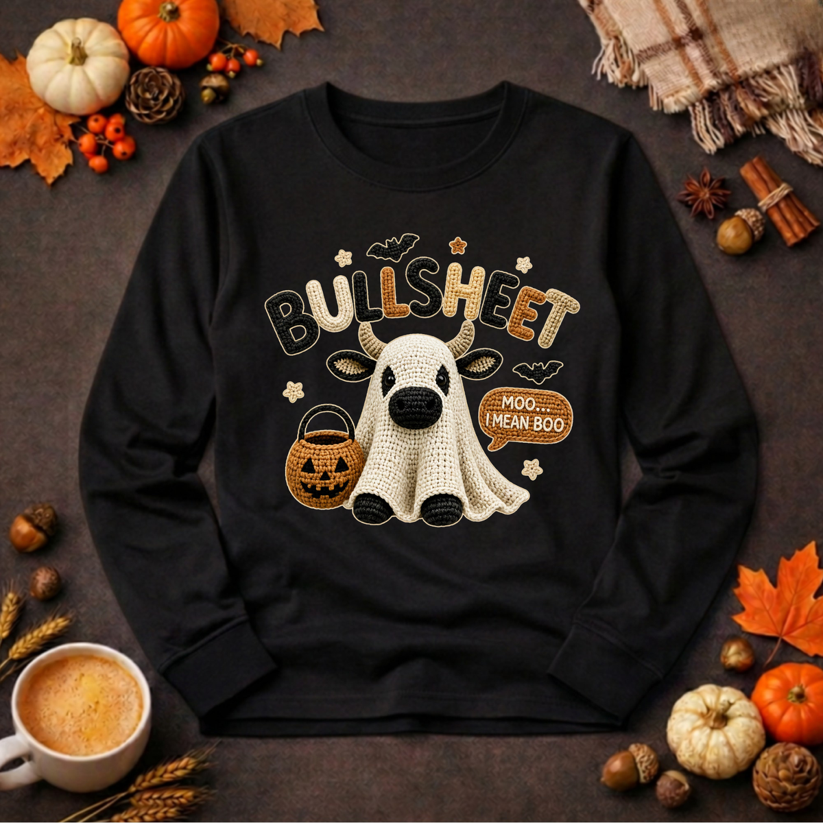 Bullsheet Halloween Faux Crochet Long Sleeve Tee TheCraftNook