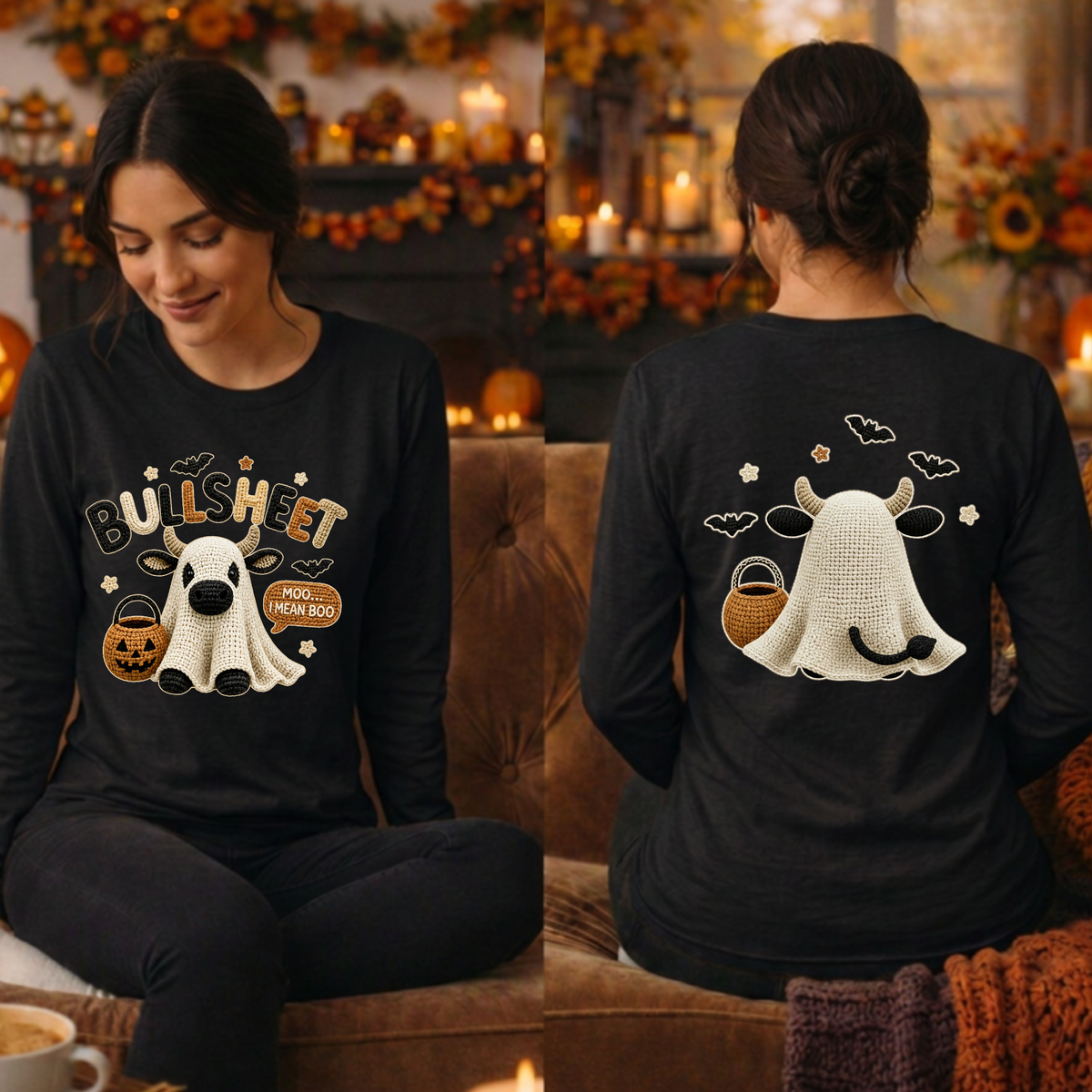 Bullsheet Halloween Faux Crochet Long Sleeve Tee – Front & Back Graphics TheCraftNook