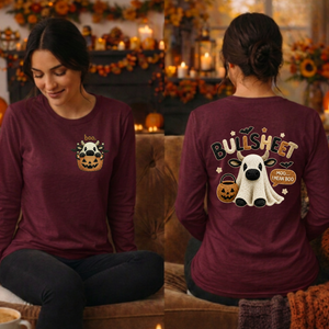 Bullsheet Halloween Faux Crochet Long Sleeve Tee – Pocket & Back Graphics TheCraftNook