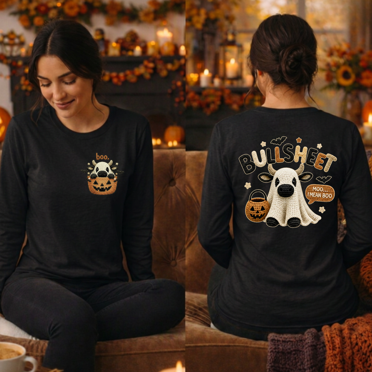Bullsheet Halloween Faux Crochet Long Sleeve Tee – Pocket & Back Graphics TheCraftNook