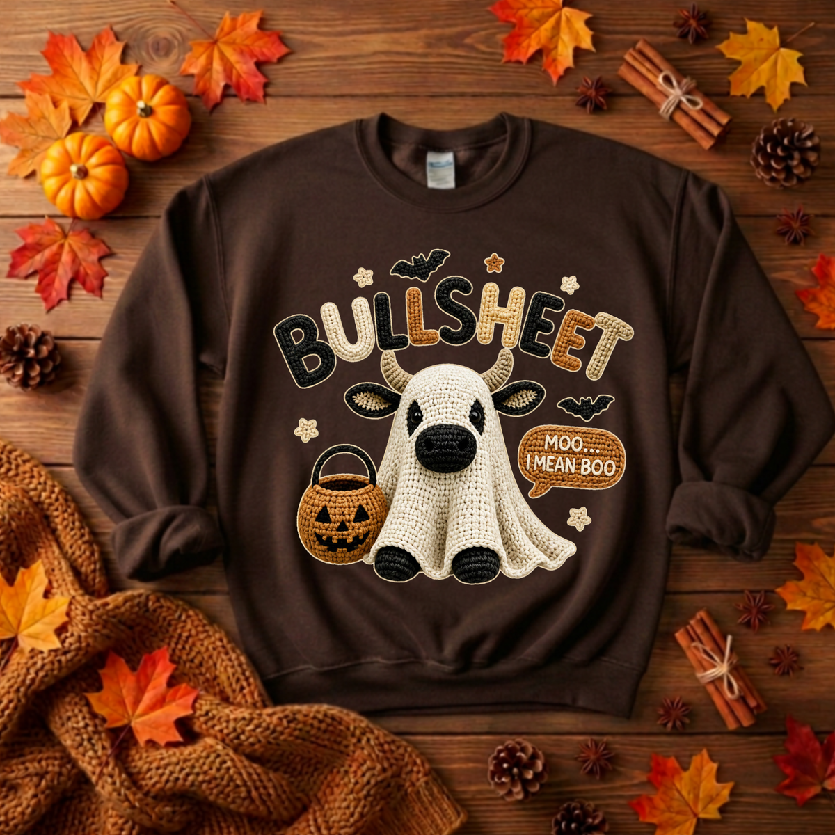 Bullsheet Halloween Faux Crochet Sweatshirt – Highland Cow Ghost TheCraftNook
