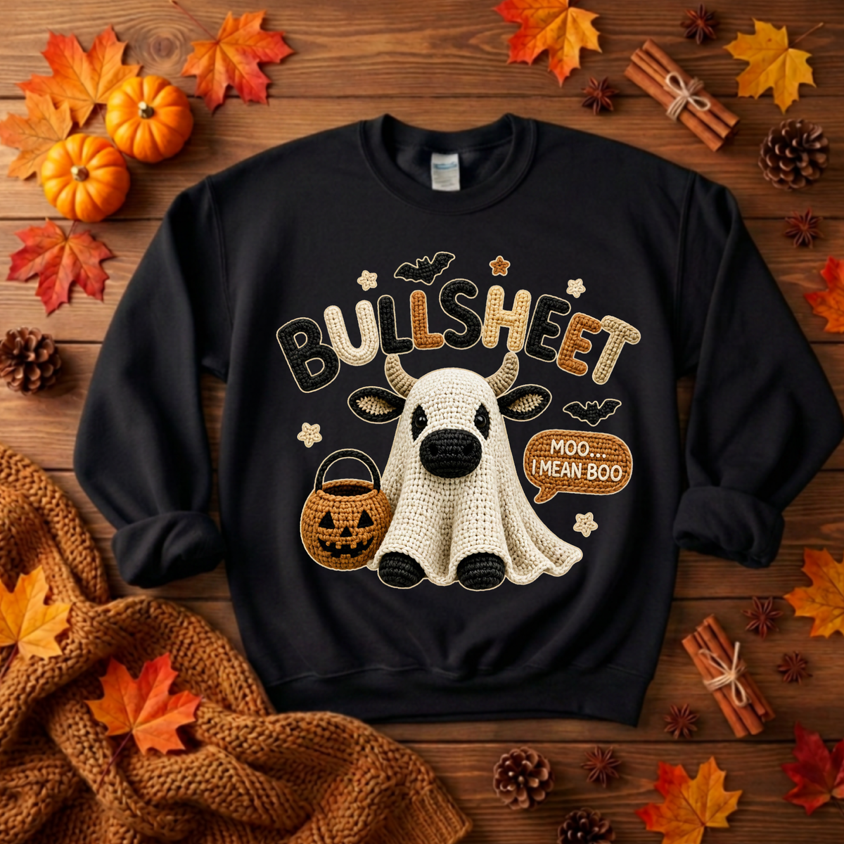 Bullsheet Halloween Faux Crochet Sweatshirt – Highland Cow Ghost TheCraftNook