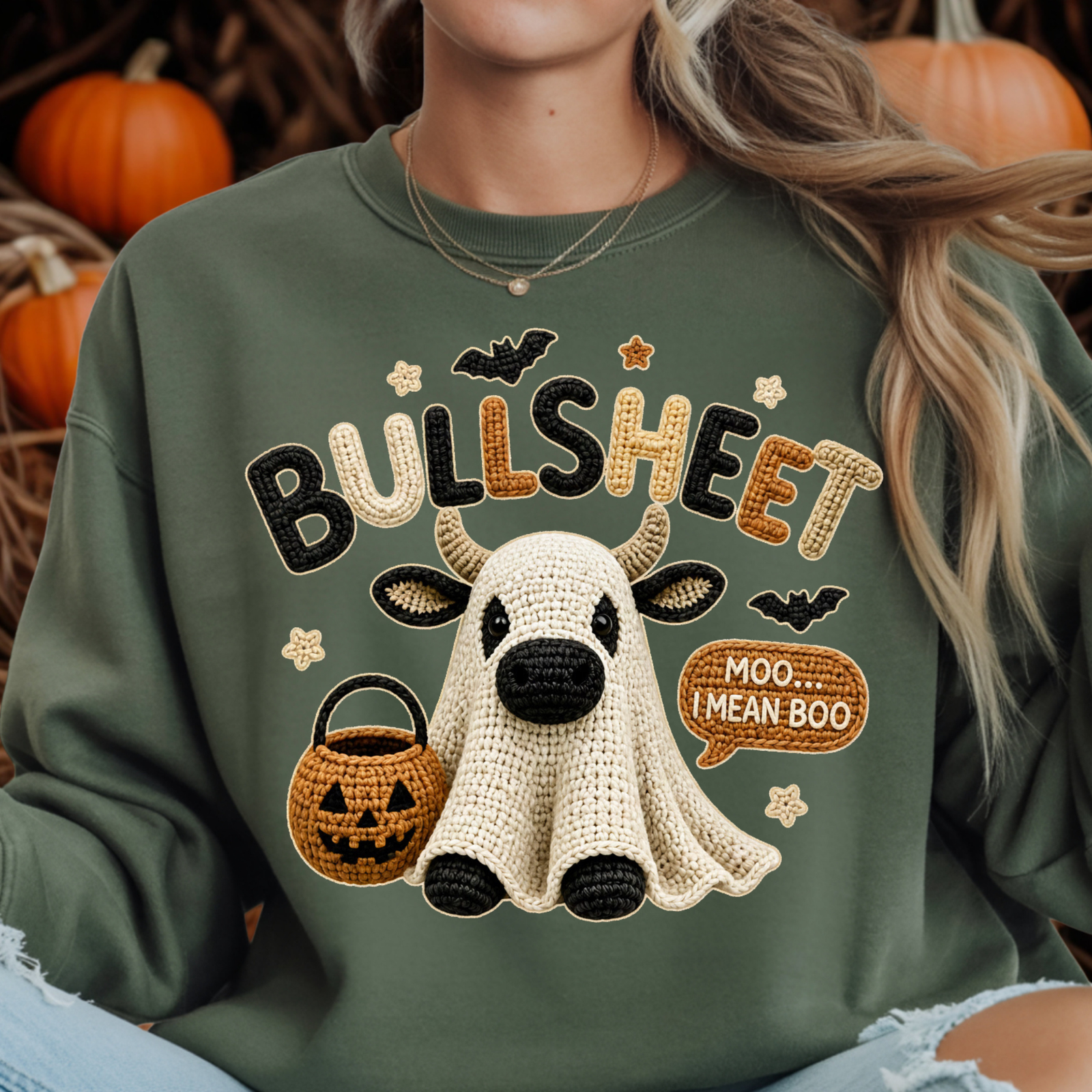 Bullsheet Halloween Faux Crochet Sweatshirt – Highland Cow Ghost TheCraftNook