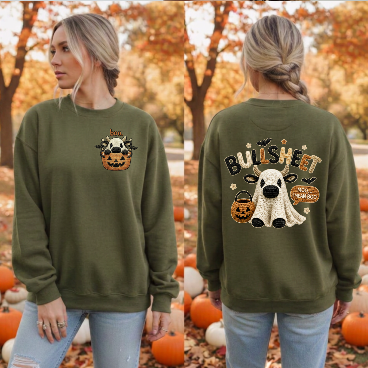 Bullsheet Halloween Faux Crochet Sweatshirt – Pocket & Back Graphics TheCraftNook