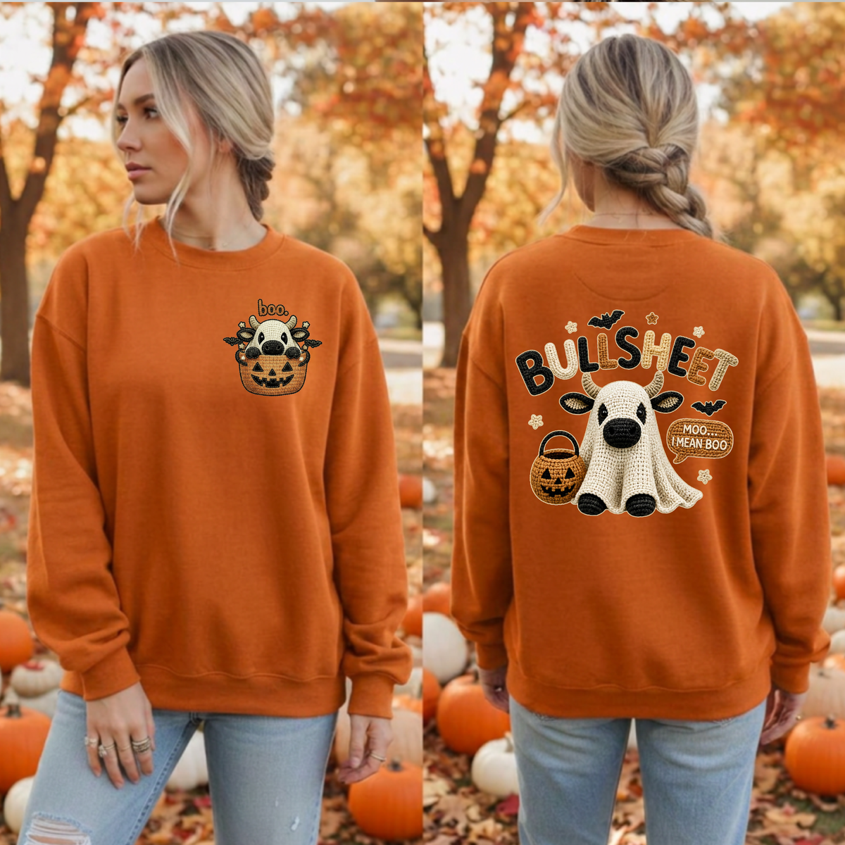 Bullsheet Halloween Faux Crochet Sweatshirt – Pocket & Back Graphics TheCraftNook