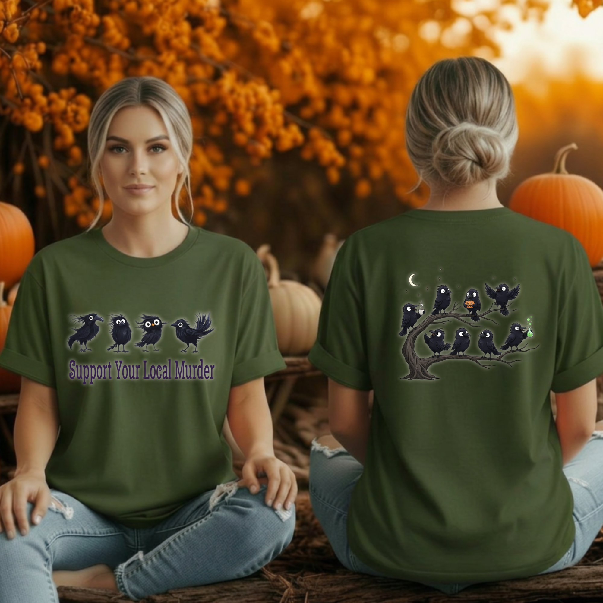 A woman shown from the front and back wearing an olive green graphic t-shirt with cartoon crows and the text 'Support Your Local Murder' in a Halloween-themed setting with pumpkins and autumn foliage.