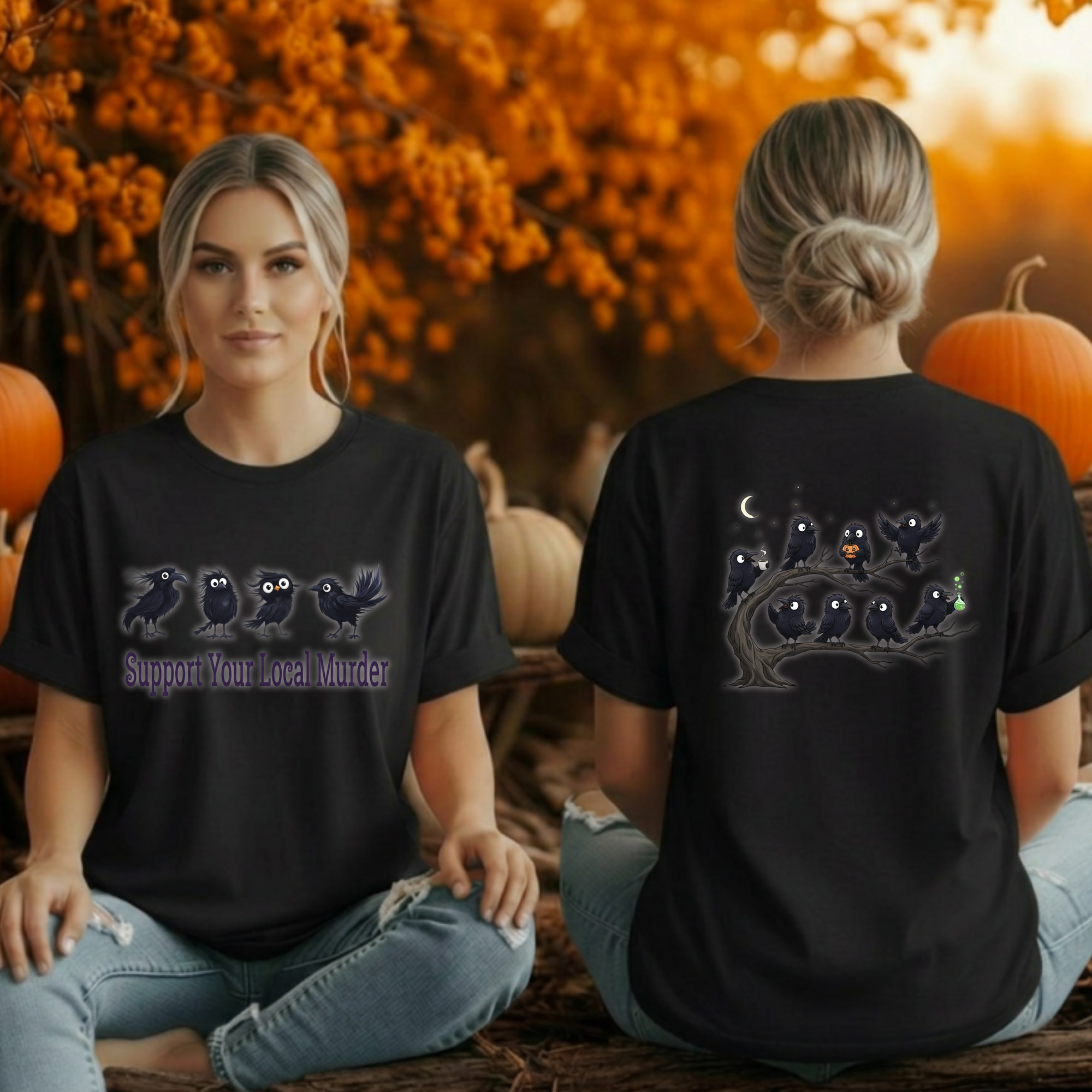 Two women seated outdoors in a Halloween-themed setting, showing the front and back of a black graphic T-shirt. The shirt features a row of dark crows with glowing eyes and the text 'Support Your Local Murder' on the front, and a larger crow family scene on the back.