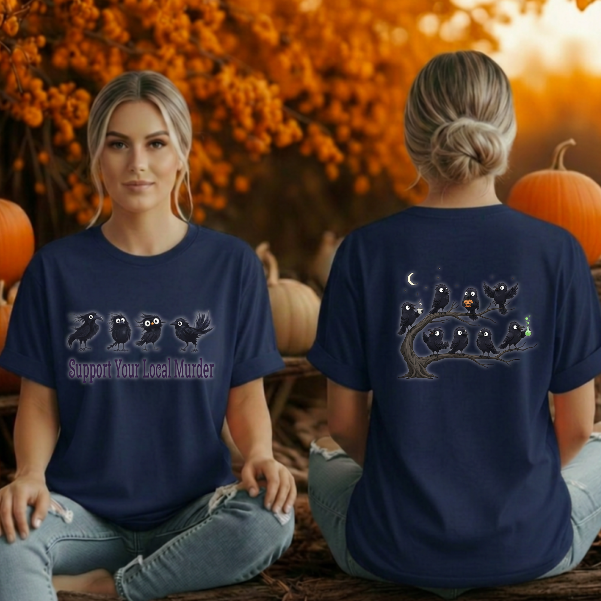 A woman shown from the front and back wearing a navy blue graphic t-shirt. The front features a graphic of four black crows with the text 'Support Your Local Murder' in white.