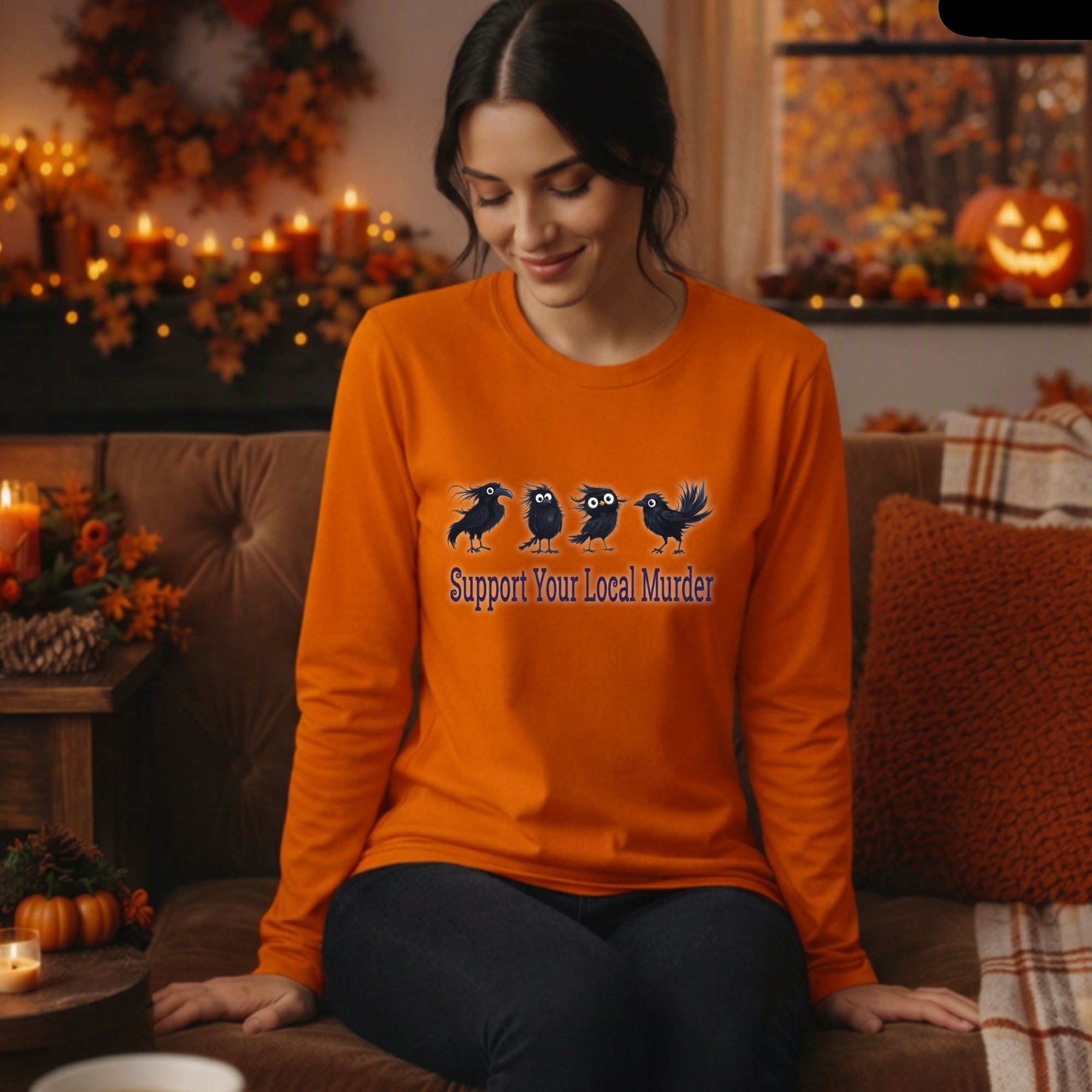 A woman sits on a couch in a cozy, decorated living room wearing an orange long-sleeve crewneck sweatshirt with a graphic of four black crows and the text 'Support Your Local Murder'.