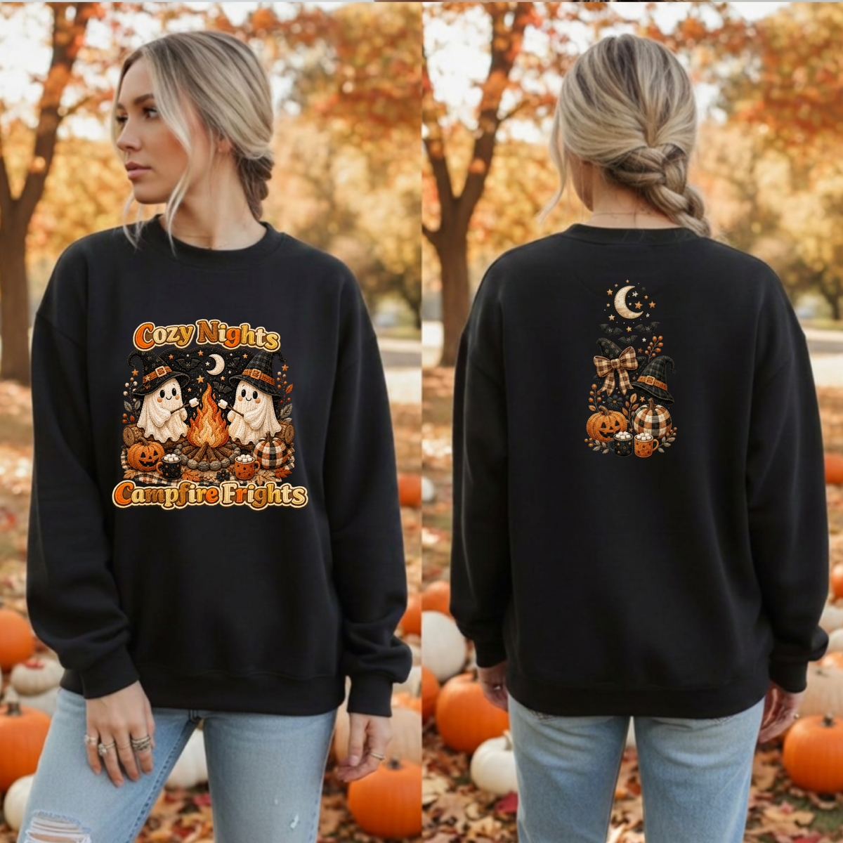 Cozy Nights Halloween Sweatshirt — Front & Back TheCraftNook