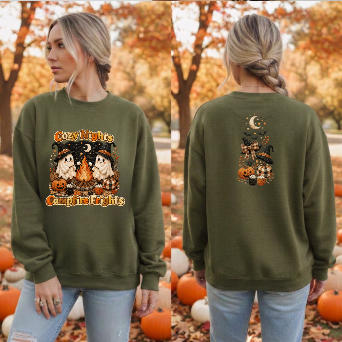 Cozy Nights Halloween Sweatshirt — Front & Back TheCraftNook