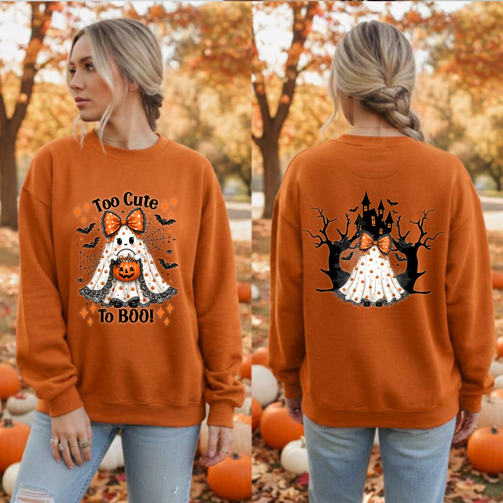 Too Cute To Boo Sweatshirt – Front & Back Halloween Graphic Crewneck TheCraftNook