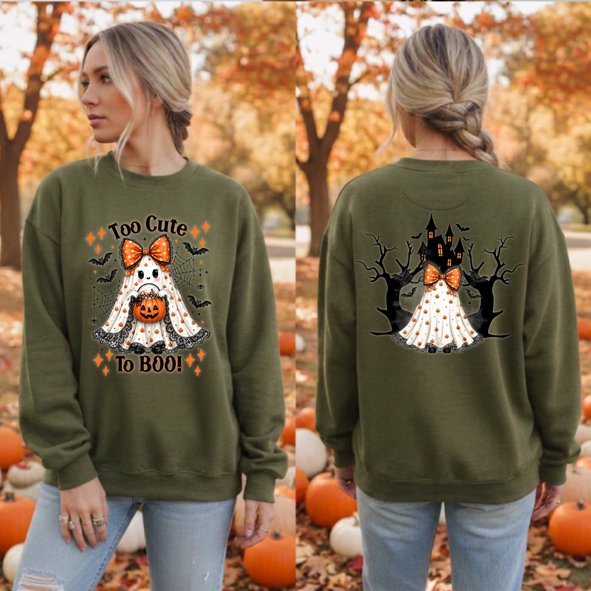 Too Cute To Boo Sweatshirt – Front & Back Halloween Graphic Crewneck TheCraftNook