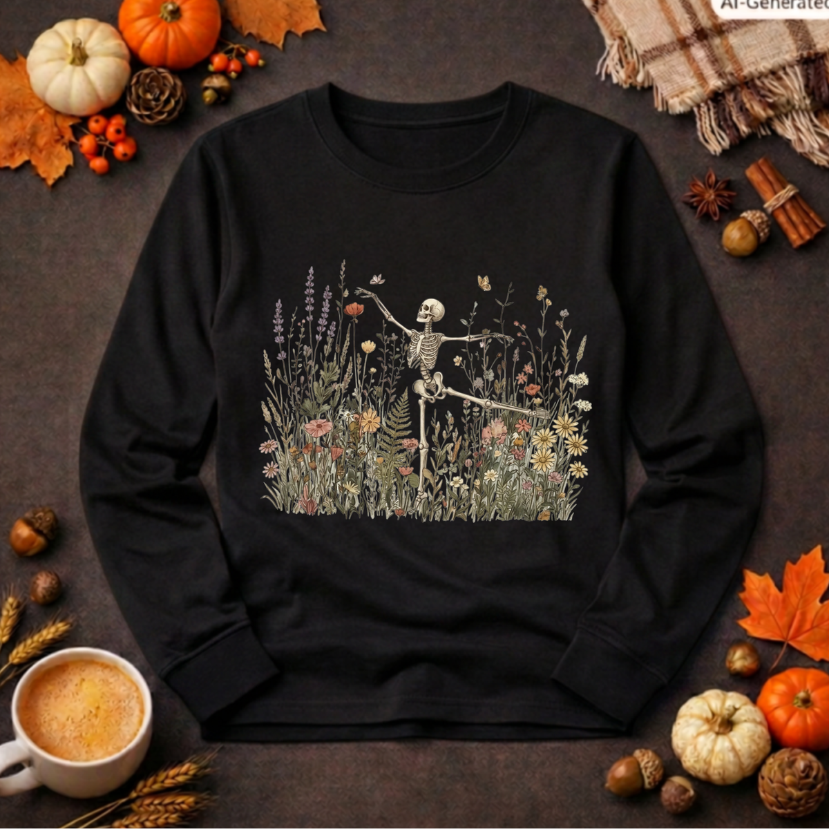 Dancing Through Decay Long Sleeve Tee – Whimsical Halloween Graphic Long-Sleeve Shirt TheCraftNook