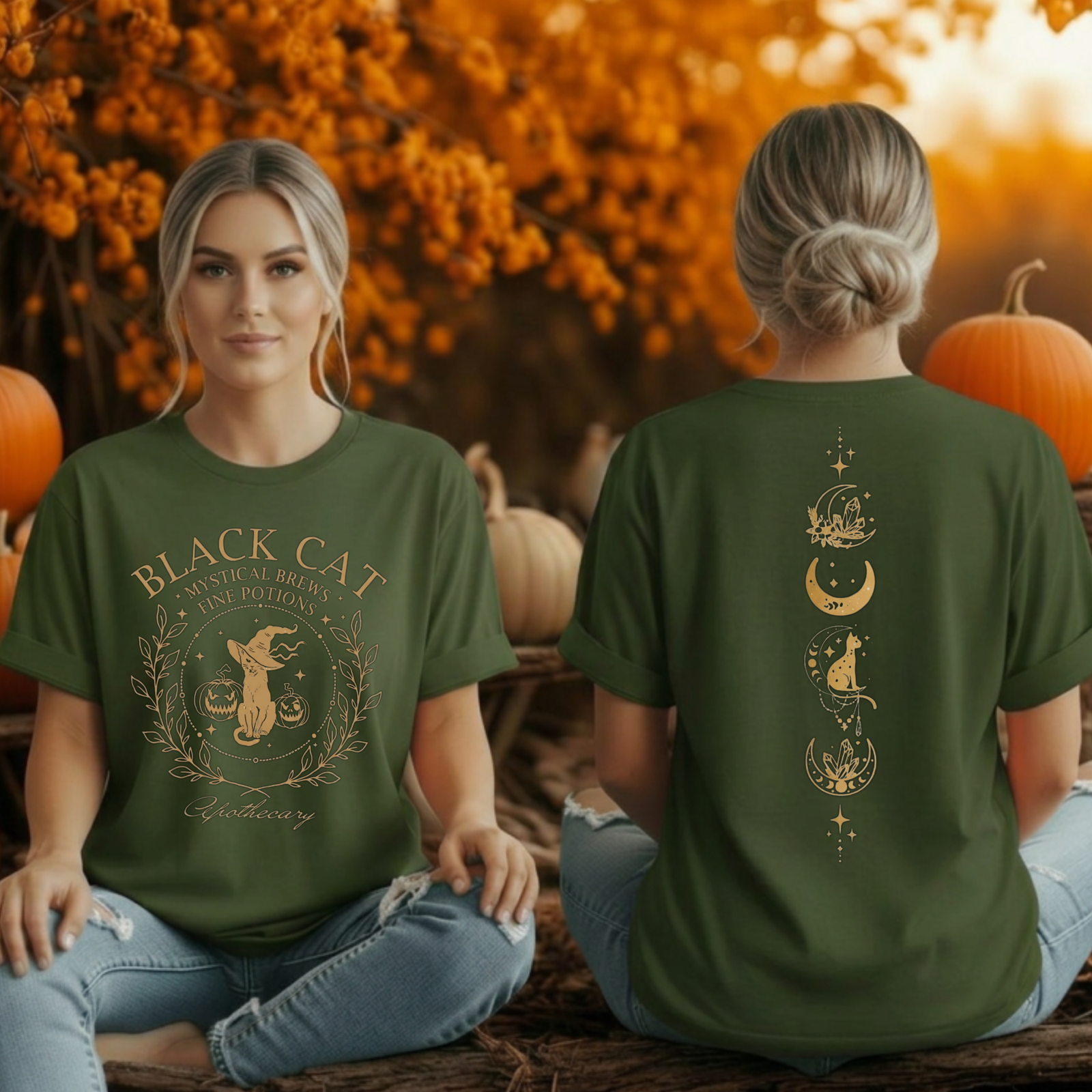 Black Cat Brews T-Shirt – Front & Back Witchy Halloween Graphic T-Shirt TheCraftNook