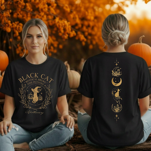 Black Cat Brews T-Shirt – Front & Back Witchy Halloween Graphic T-Shirt TheCraftNook