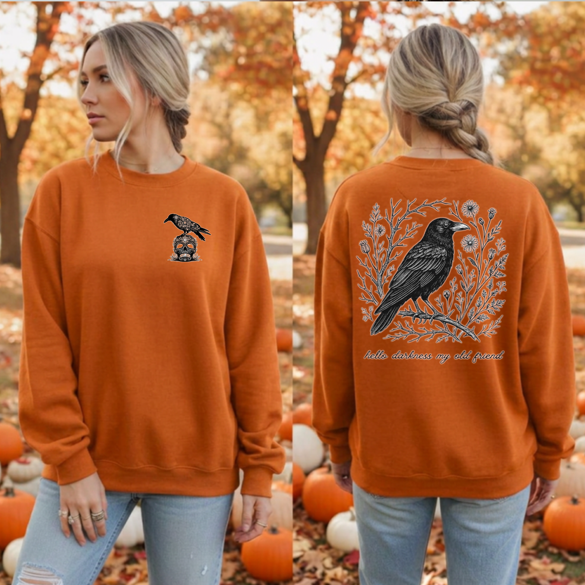 Hello Darkness Crow Sweatshirt – Pocket & Back Gothic Halloween Graphic Crewneck TheCraftNook