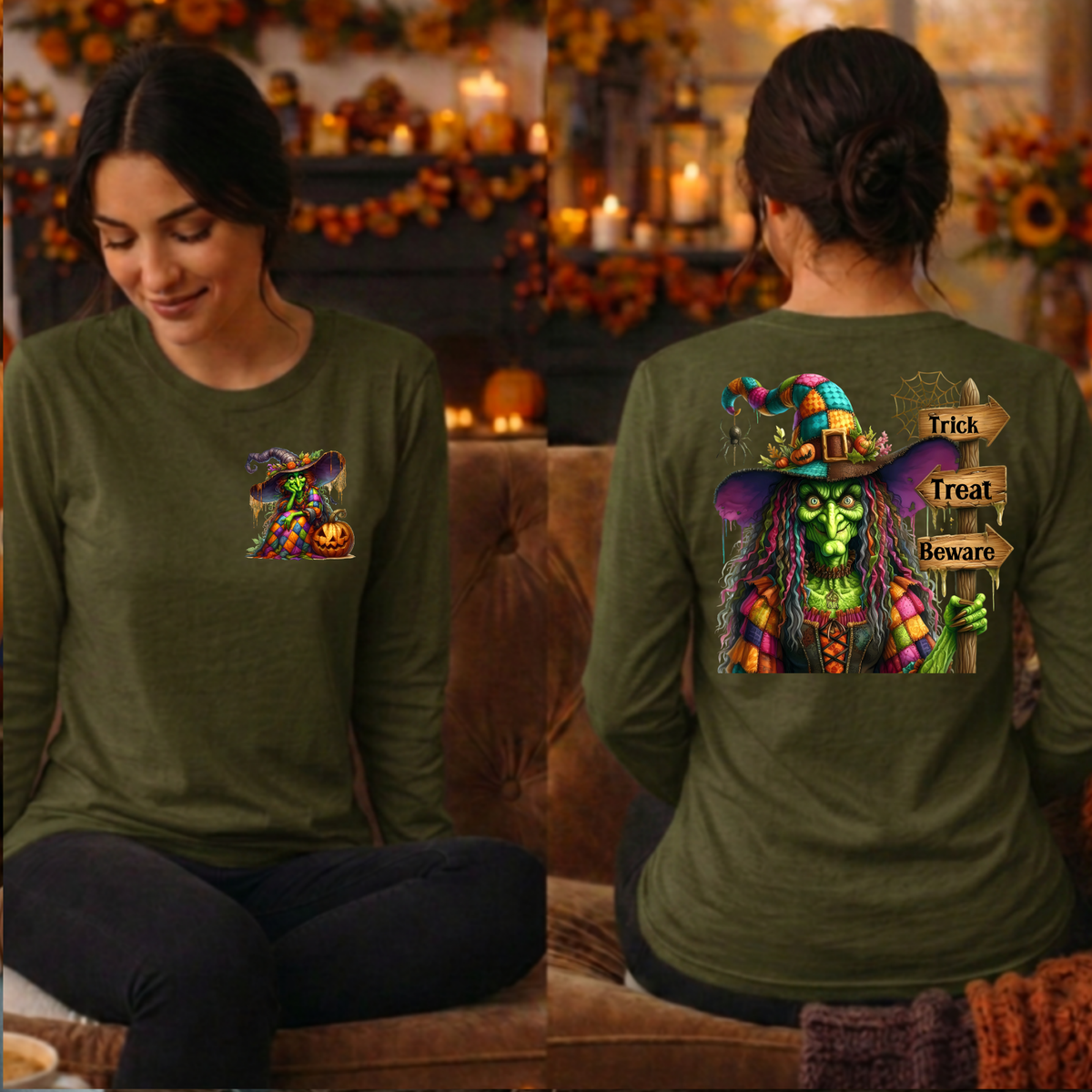 Trick Treat Beware Long Sleeve Tee Pocket and Back graphics TheCraftNook
