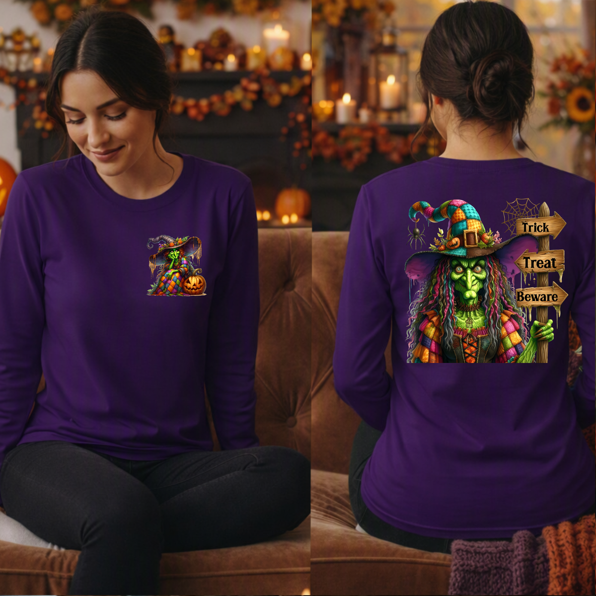 Trick Treat Beware Long Sleeve Tee Pocket and Back graphics TheCraftNook