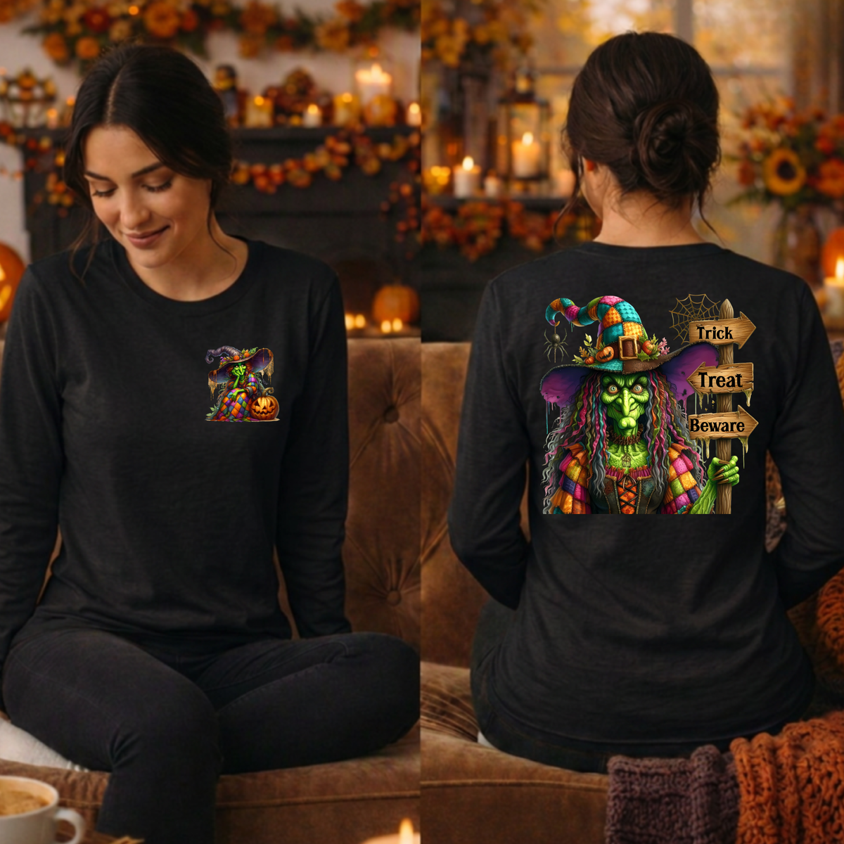 Trick Treat Beware Long Sleeve Tee Pocket and Back graphics TheCraftNook
