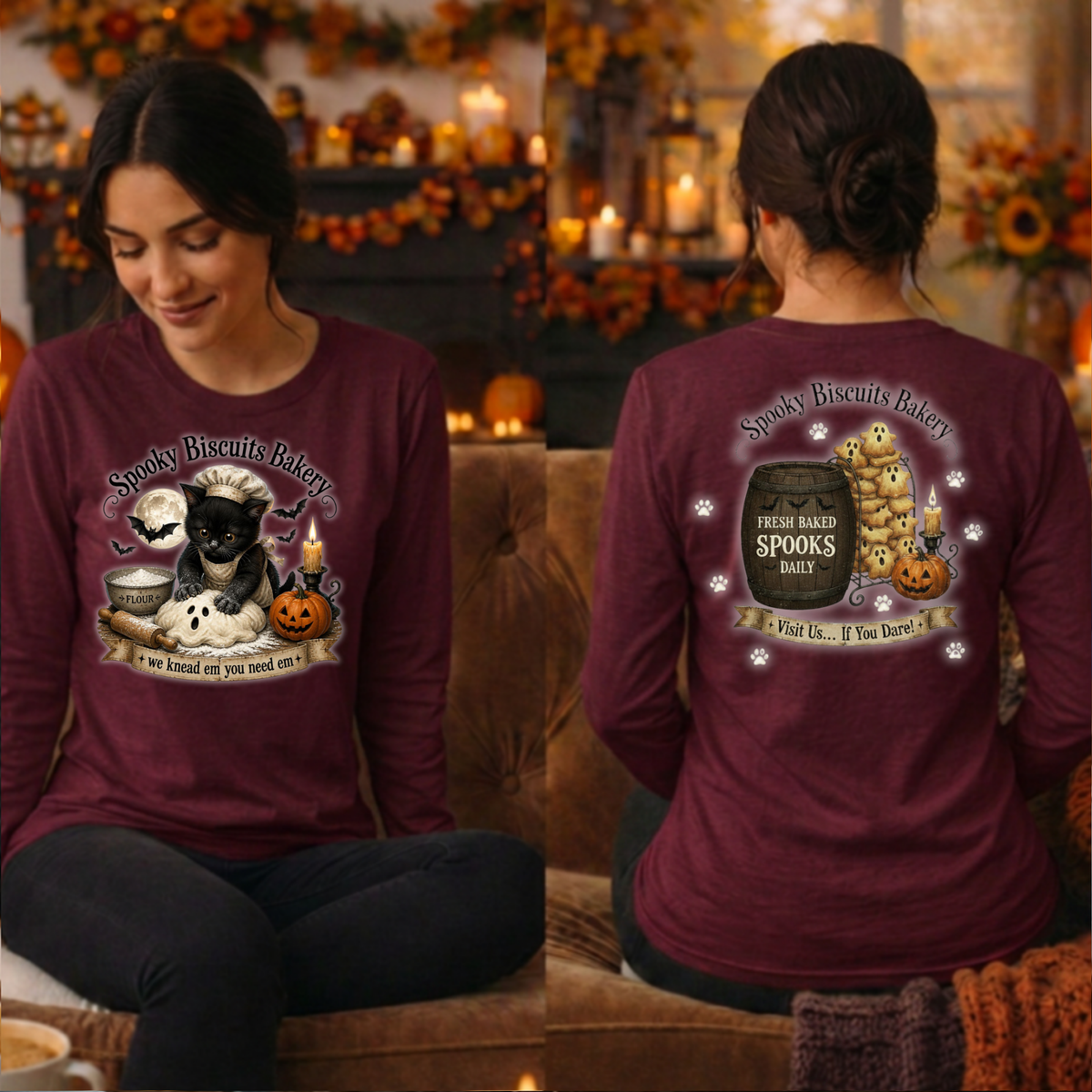 Spooky Biscuits Long Sleeve Tee Front and Back Graphics TheCraftNook