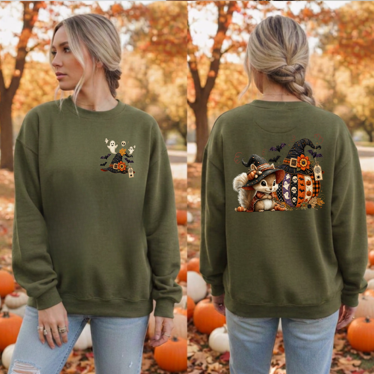 Cozy Vibes Halloween Sweatshirt | Pocket & Back Graphic TheCraftNook
