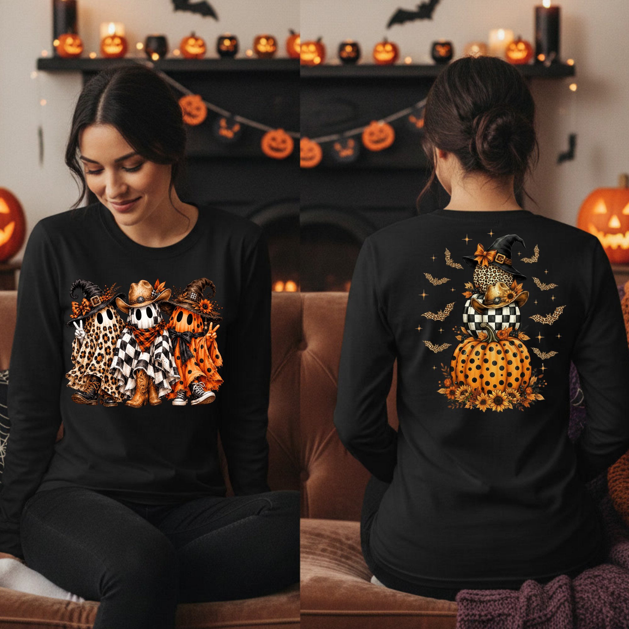 Western Ghost Halloween Long Sleeve T-Shirt | Front & Back Graphic