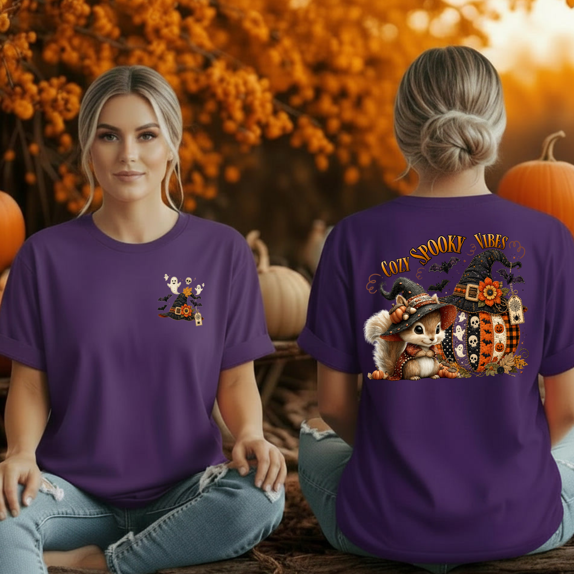 Cozy Spooky Vibes Halloween Tee – Pocket & Back Print