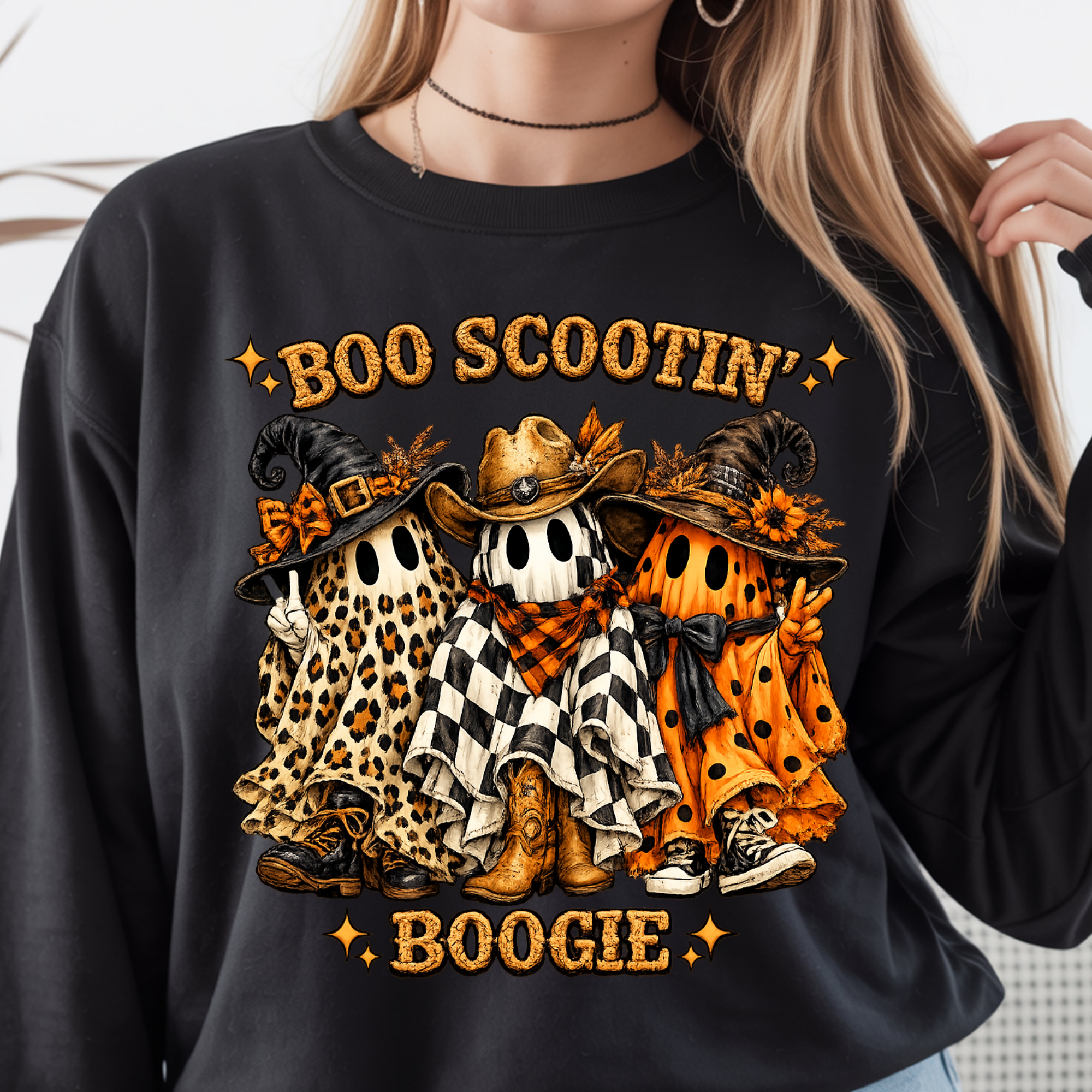 Boo Scootin' Halloween Long Sleeve T-Shirt | Spooky Western Graphic