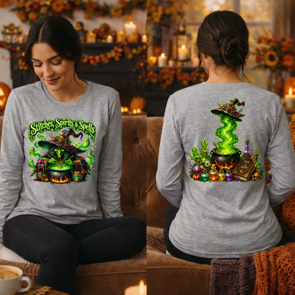 Stitches Spirits & Spells Long Sleeve Tee – Front & Back Graphic TheCraftNook