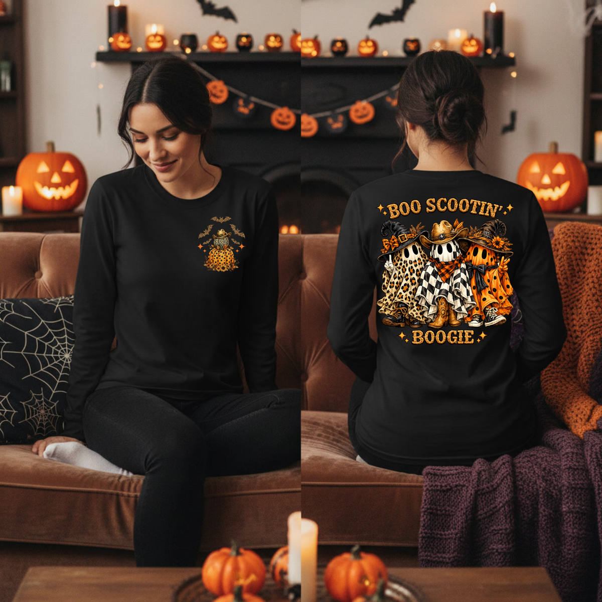 Boo Scootin' Halloween Long Sleeve T-Shirt | Pocket & Full Back Graphic TheCraftNook