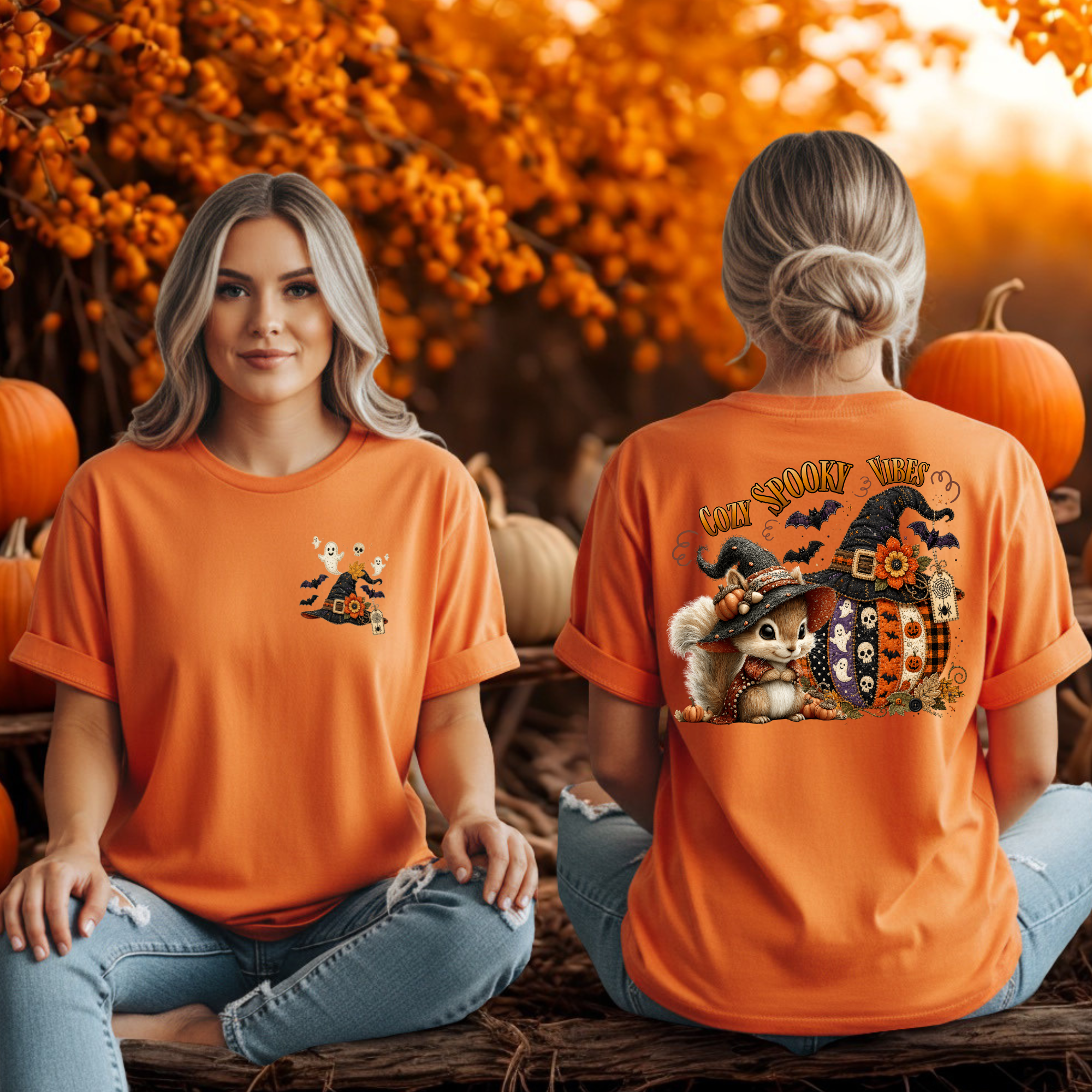 Cozy Spooky Vibes Halloween Tee – Pocket & Back Print