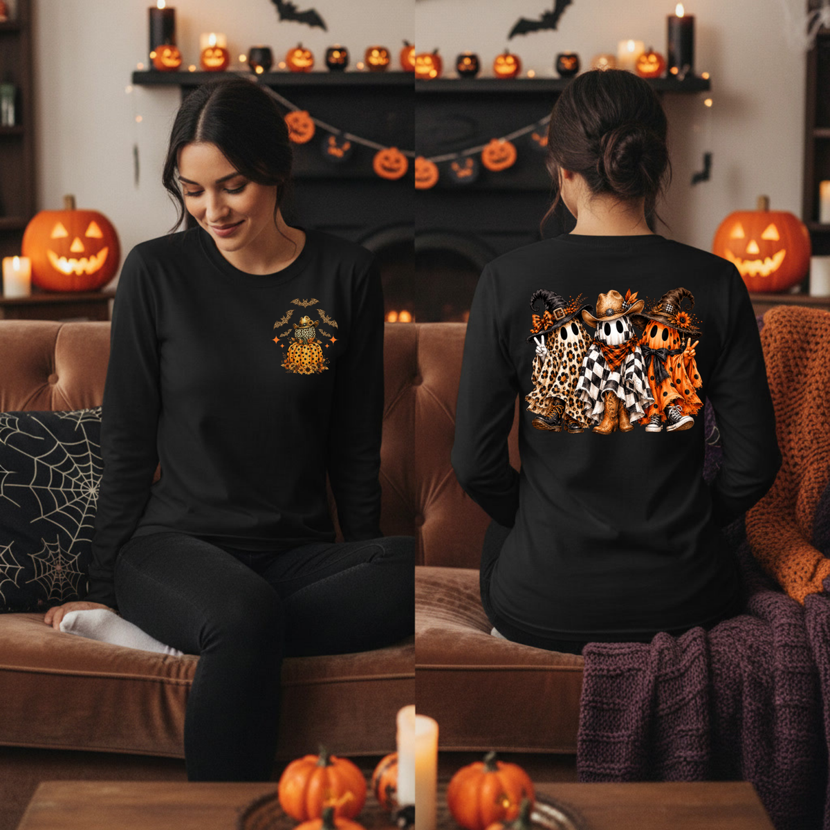 Western Ghost Halloween Long Sleeve T-Shirt | Pocket & Full Back Graphic TheCraftNook