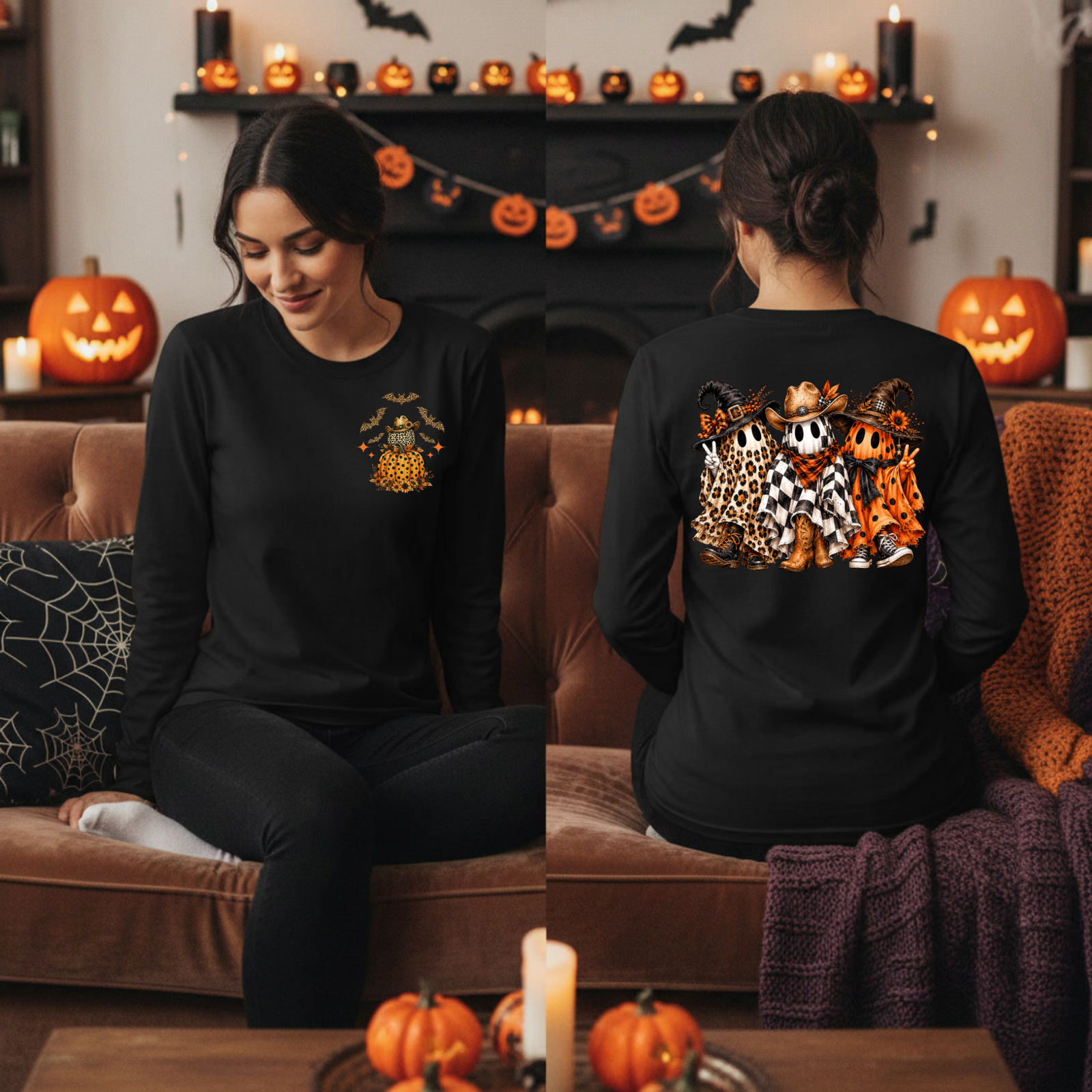 Western Ghost Halloween Long Sleeve T-Shirt | Pocket & Full Back Graphic TheCraftNook