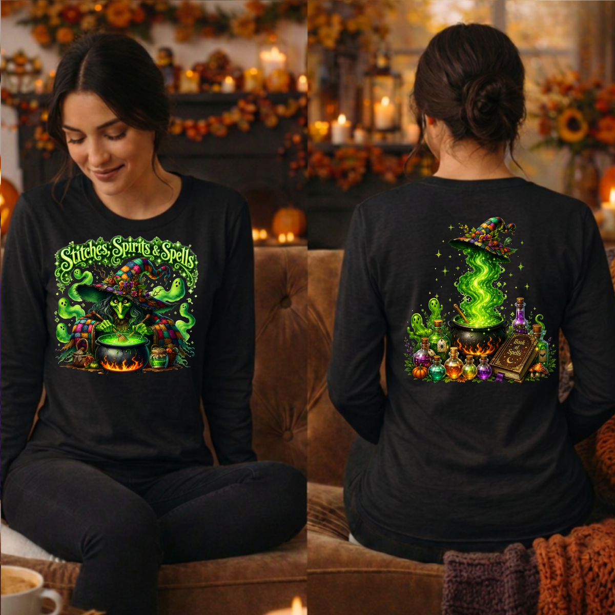 Stitches Spirits & Spells Long Sleeve Tee – Front & Back Graphic TheCraftNook