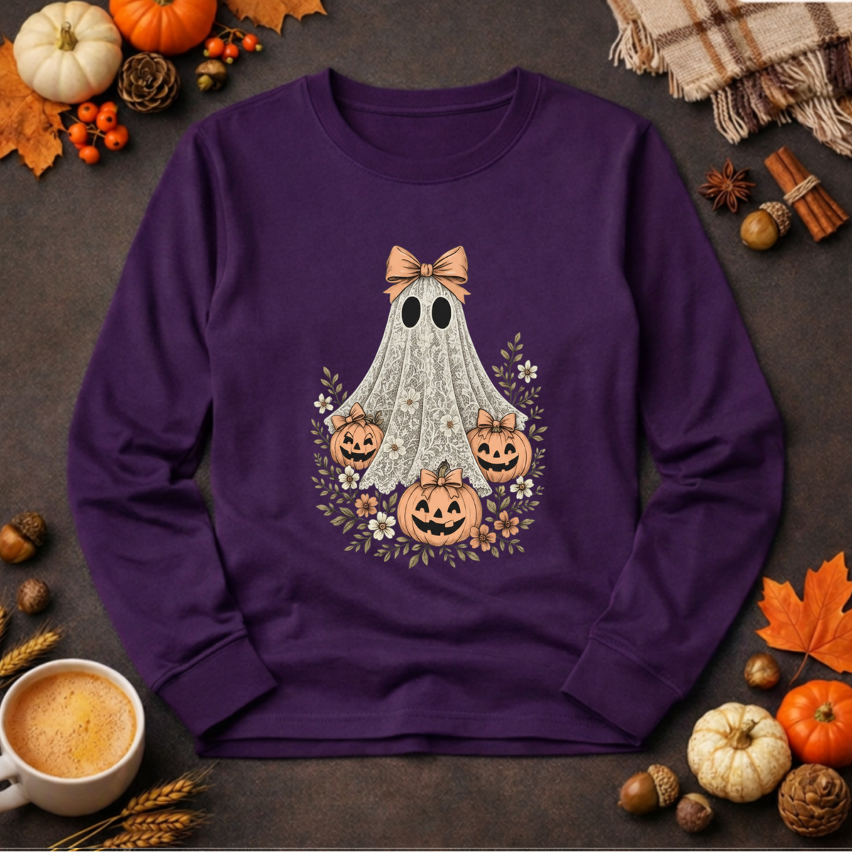 Lacey Ghost Halloween Cottagecore Long Sleeve Tee TheCraftNook