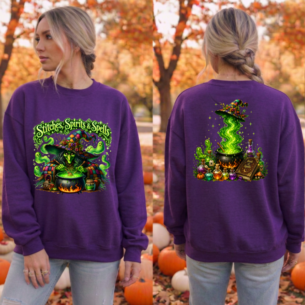 Stitches Spirits & Spells Sweatshirt – Front & Back Graphic TheCraftNook