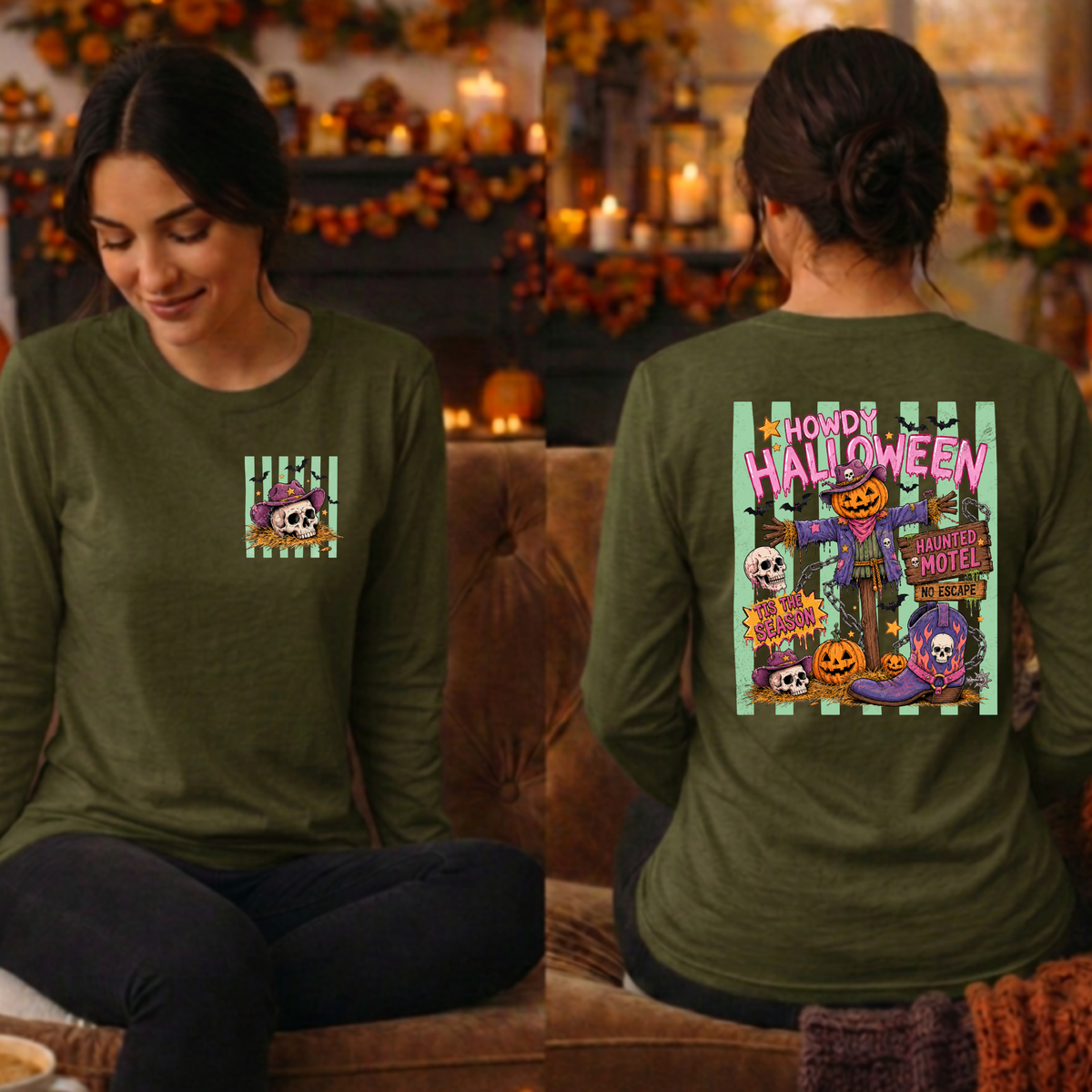 Howdy Halloween Long Sleeve Tee – Pocket & Back Graphic TheCraftNook