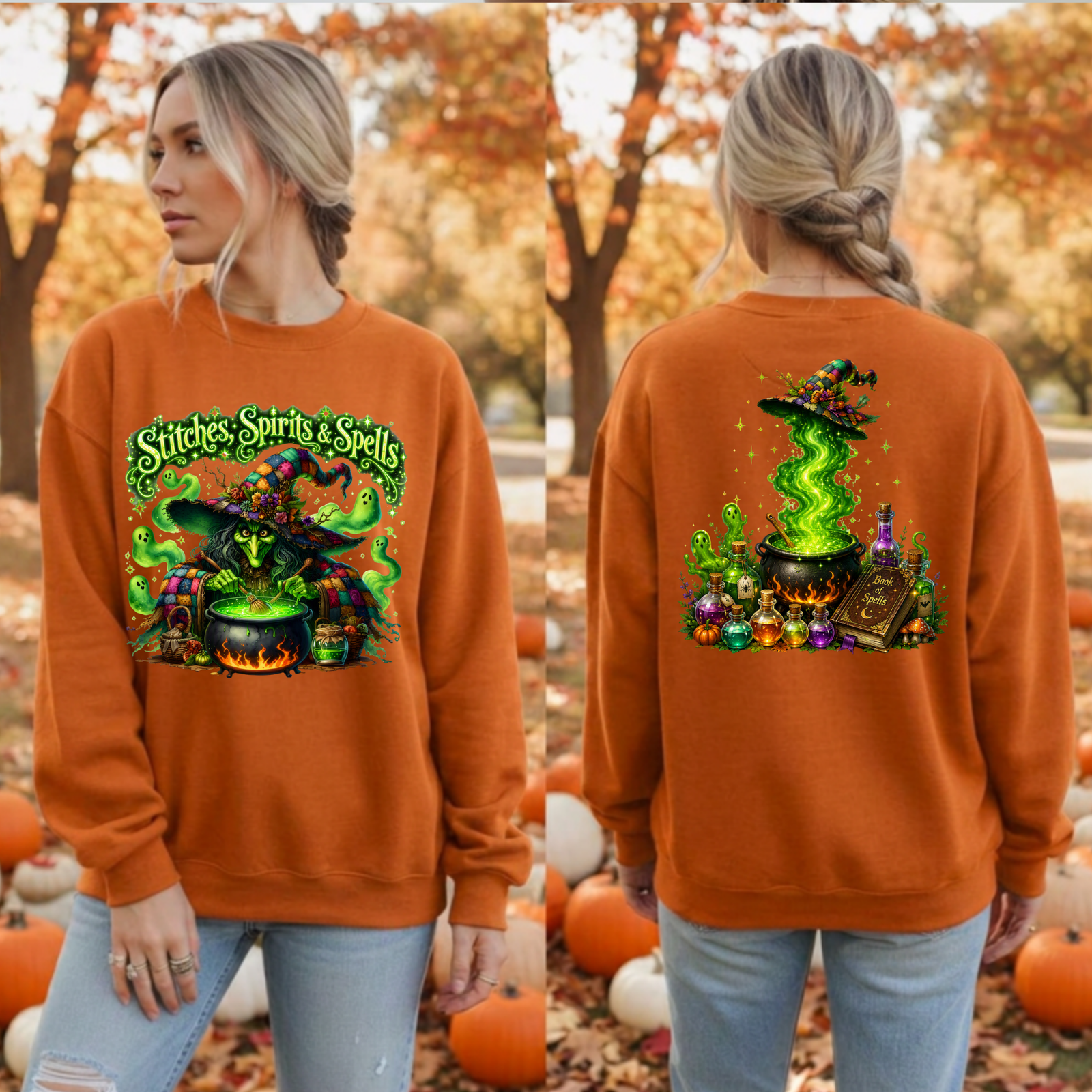 Stitches Spirits & Spells Sweatshirt – Front & Back Graphic TheCraftNook