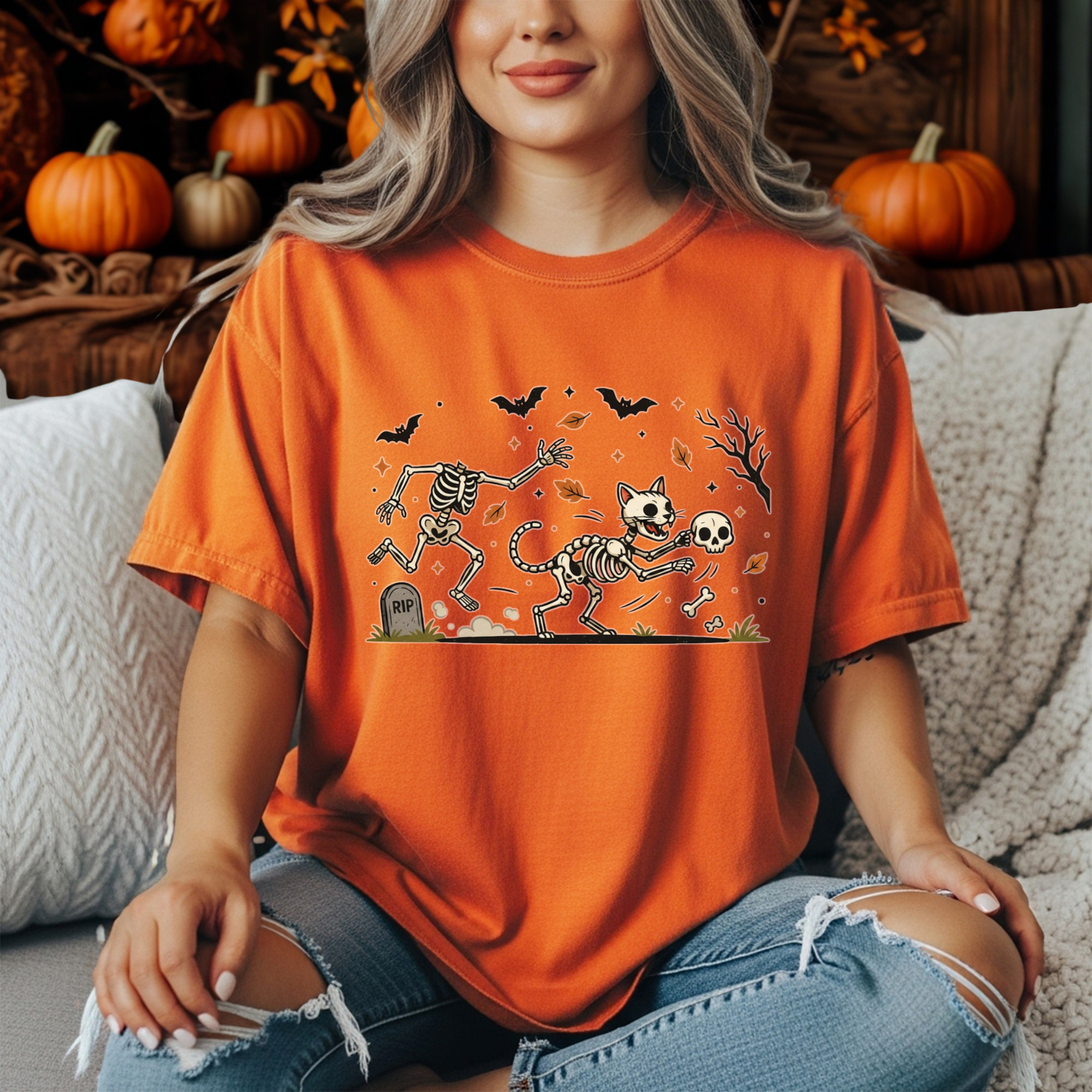 Bone Thief Cat Halloween T-Shirt TheCraftNook