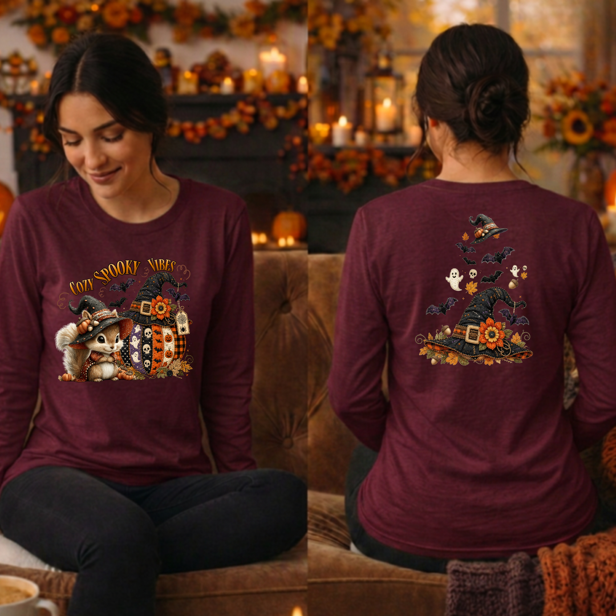 Cozy Spooky Vibes Halloween Long Sleeve Tee – Front & Back Print