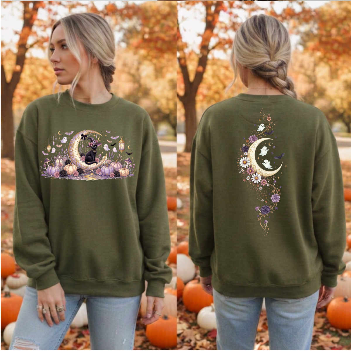 Moonlit Mischief Halloween Sweatshirt – Front & Back Graphic TheCraftNook
