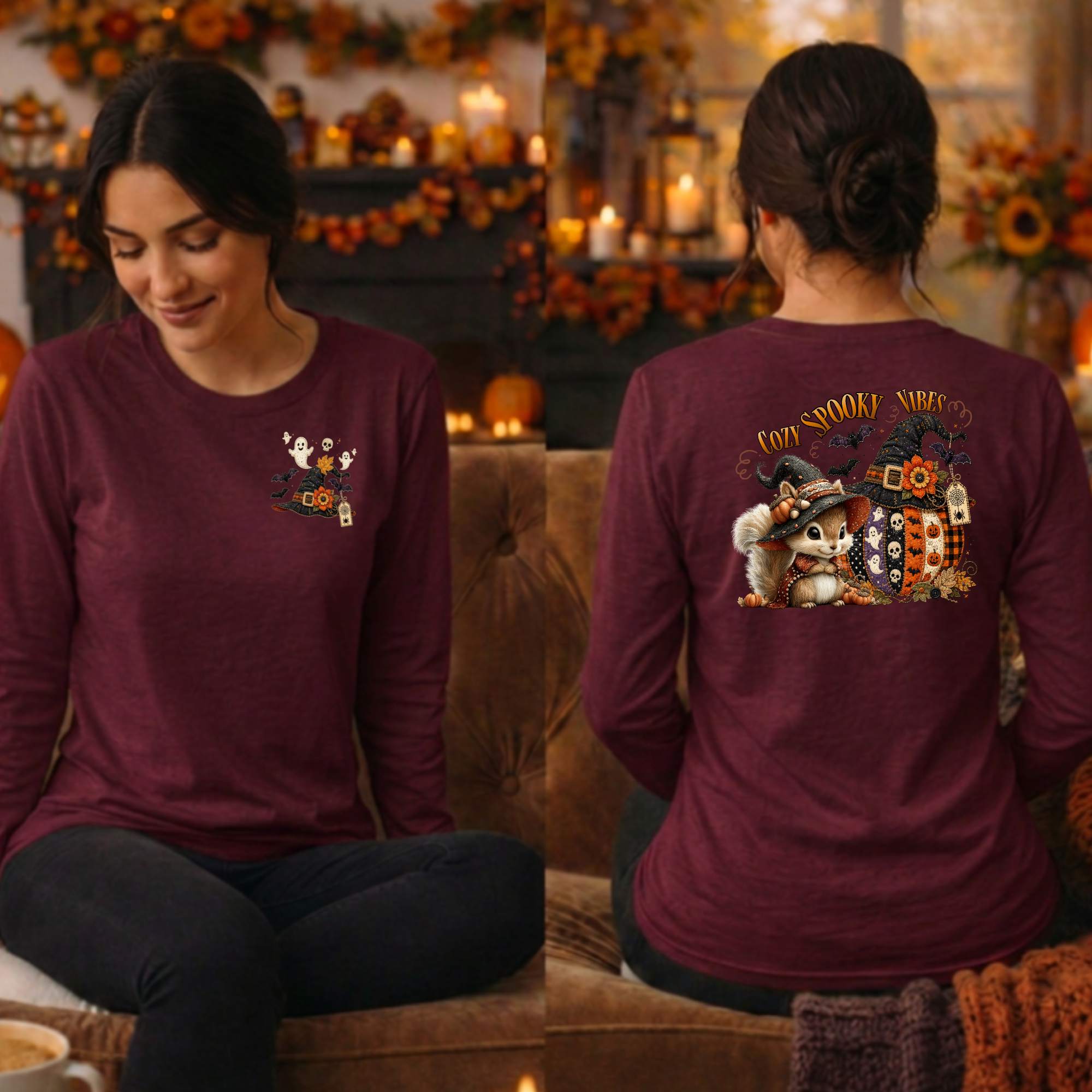 Cozy Spooky Vibes Halloween Long Sleeve Tee – Pocket & Back Print