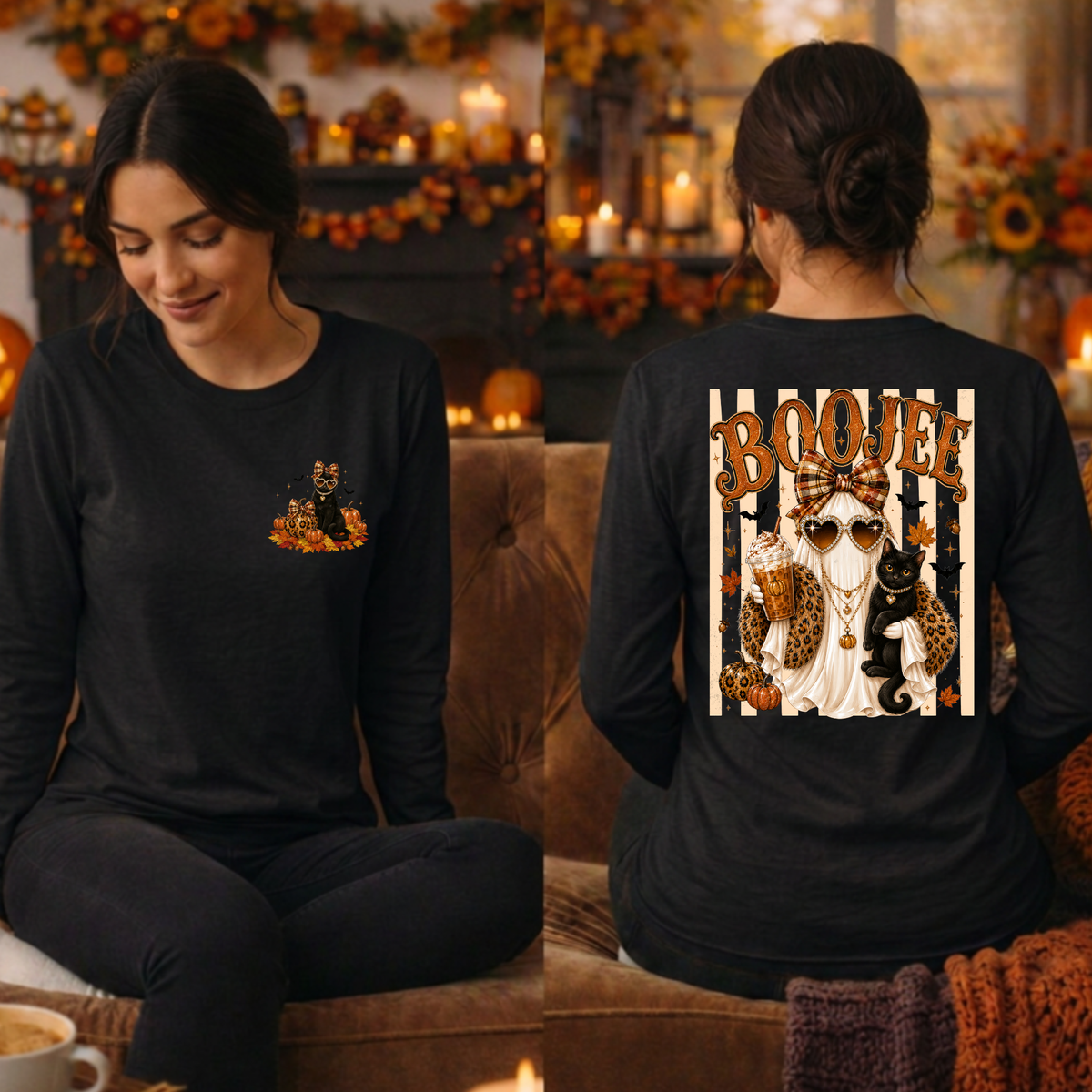 Boojee Ghost Cat Long Sleeve Tee – Pocket & Back Graphics TheCraftNook