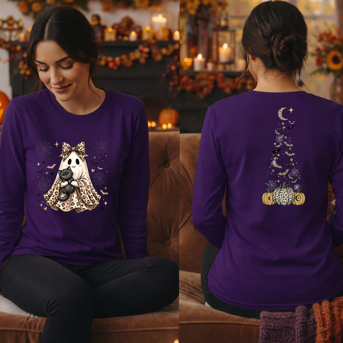 Printed Ghost Halloween Long Sleeve Tee | Front & Back Graphic TheCraftNook