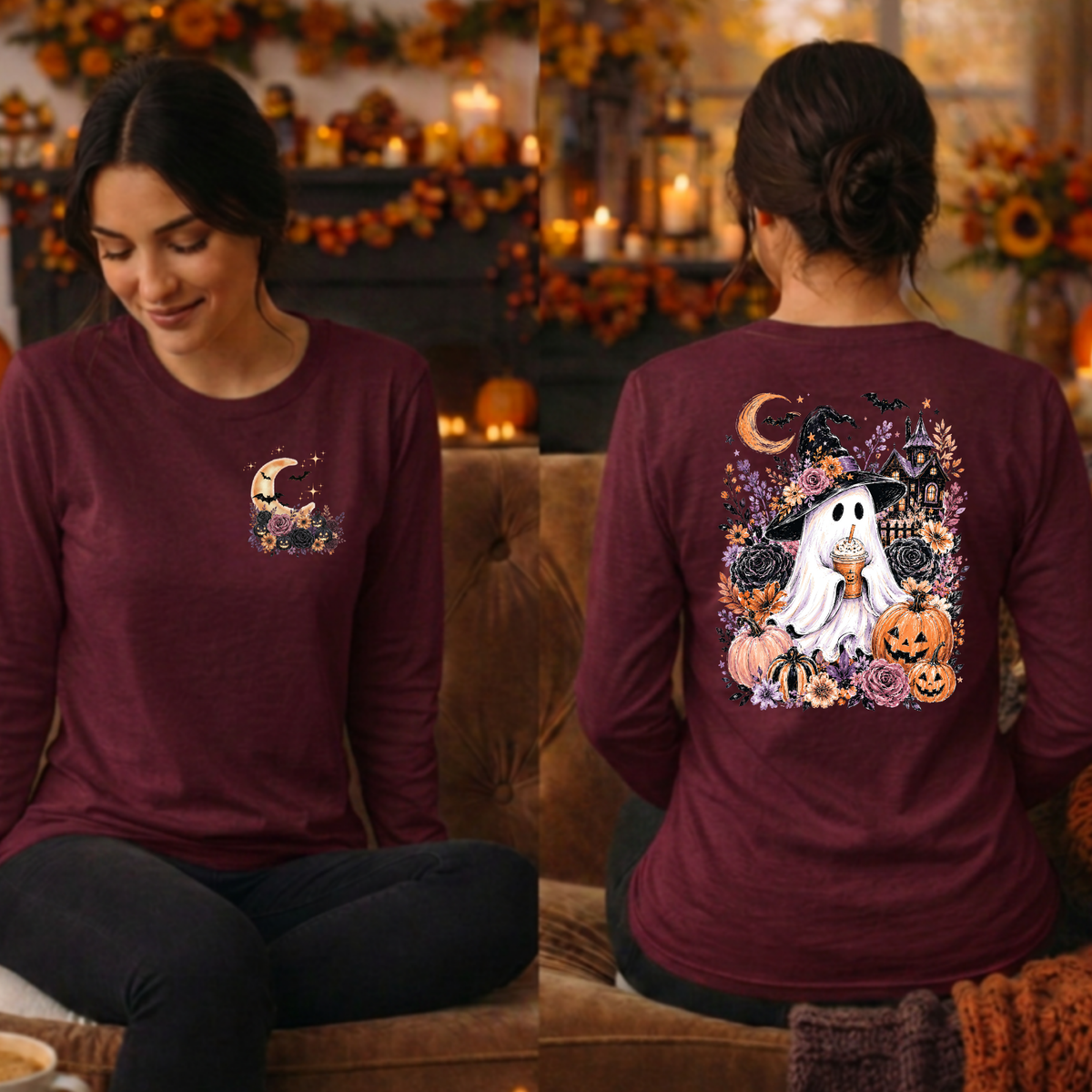 Boo-tiful Harvest Night Long Sleeve Tee | Pocket & Back Halloween Graphics TheCraftNook